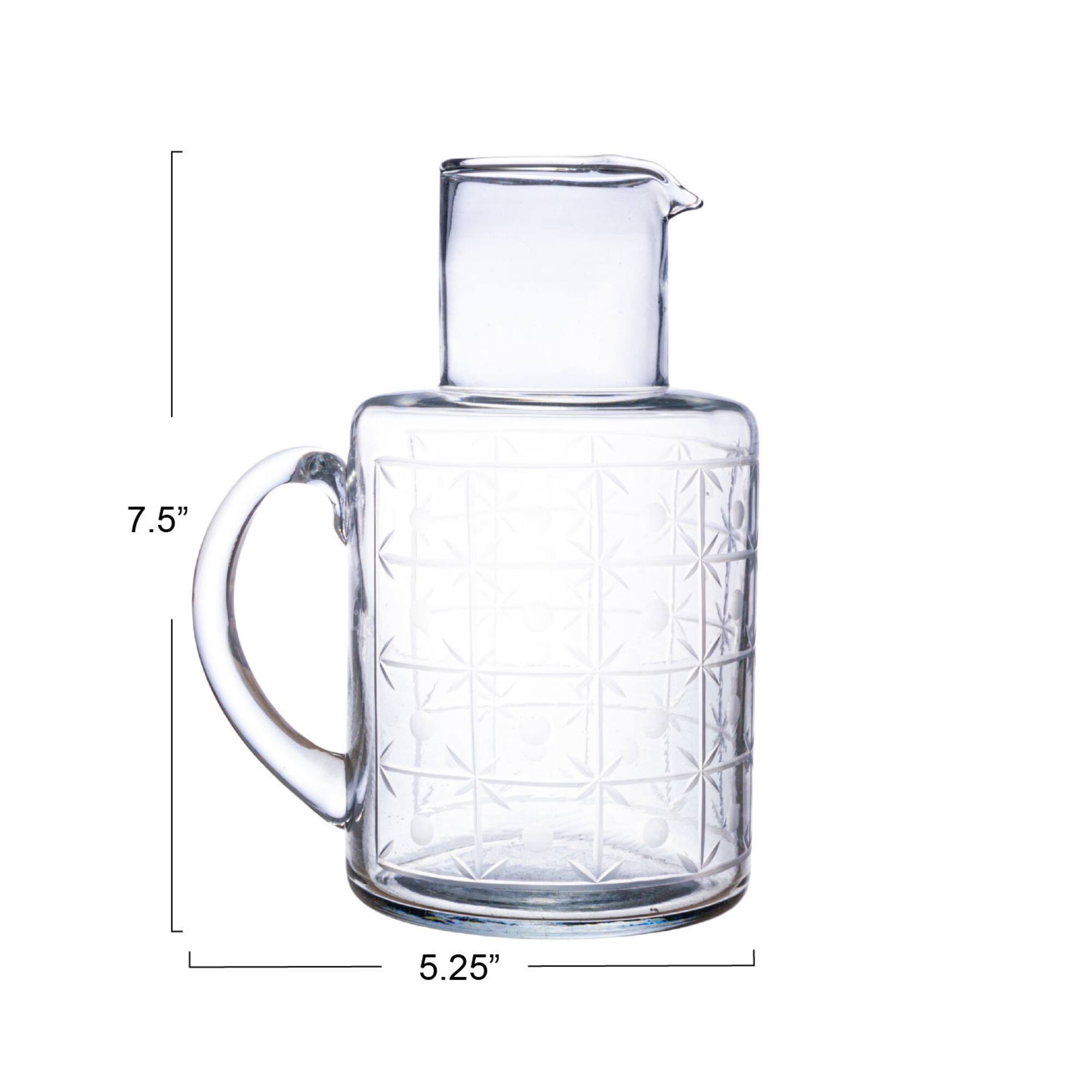 Hello Honey® 32oz. Clear Hand-Blown Etched Reclaimed Glass Pitcher with Tall Neck & Handle